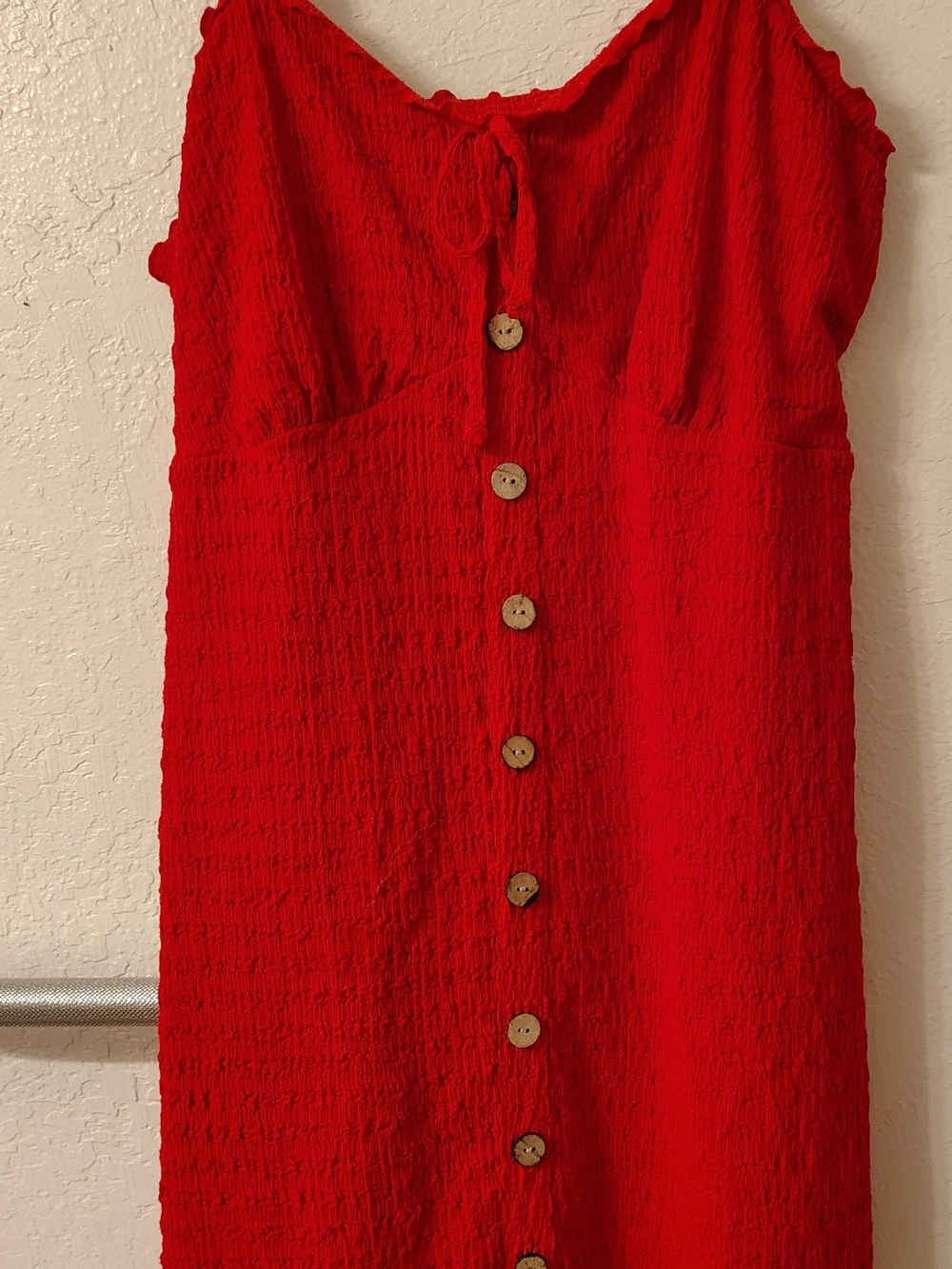 No Boundaries Red Button-Front Textured Spaghetti Strap Dress